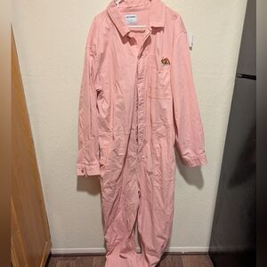 Old Navy Women’s XXL Pink Denim Jumpsuit Coveralls Painters Rainbow Patch
